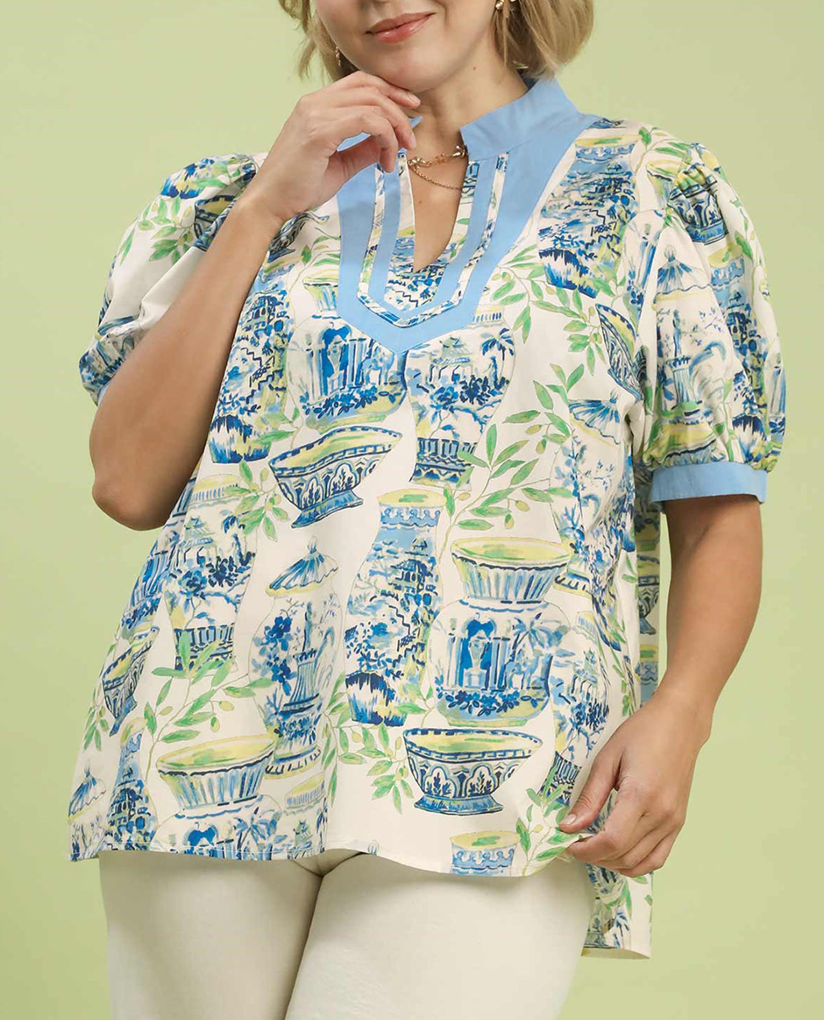 Umgee Abstract Print V-Neck Top Blue Mix