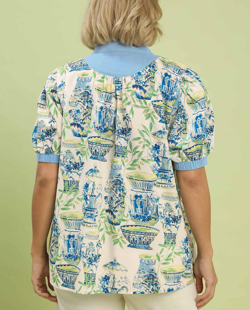 Umgee Abstract Print V-Neck Top Blue Mix