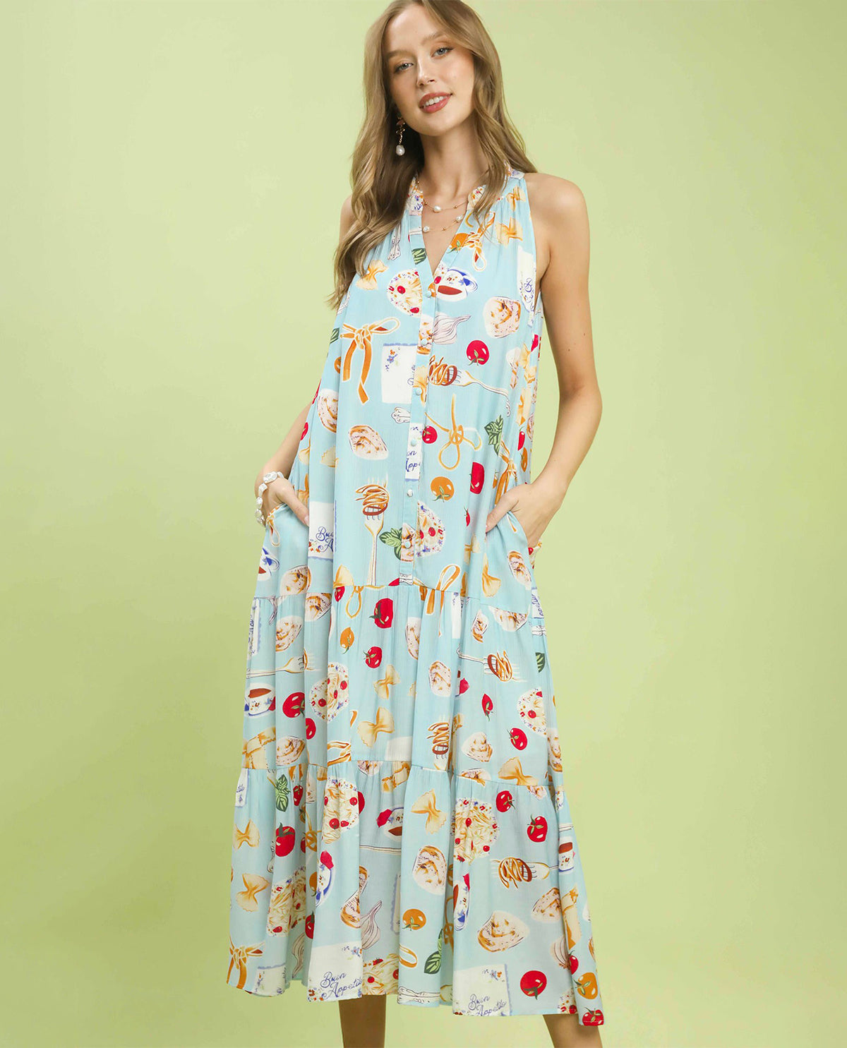 Umgee Print Sleeveless Dress Lt Blue