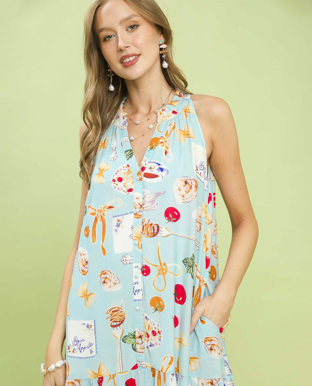Umgee Print Sleeveless Dress Lt Blue