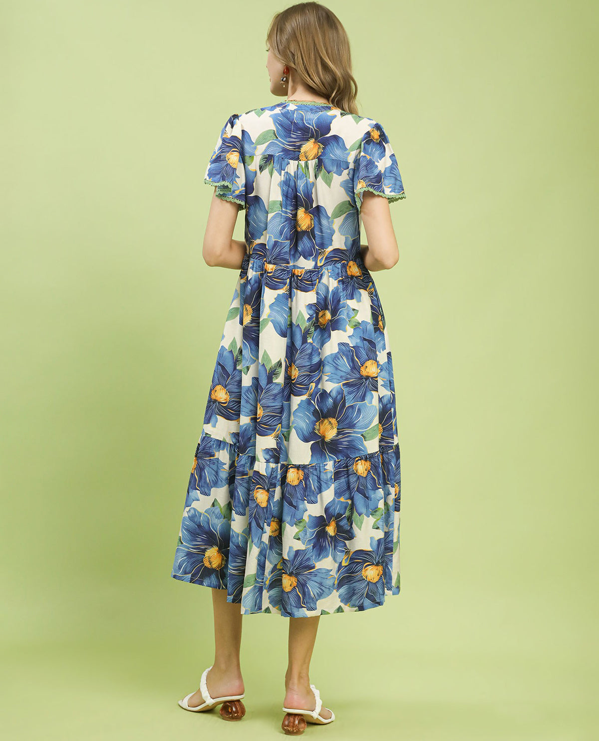 Umgee Print V-Neck Tiered Dress Blue