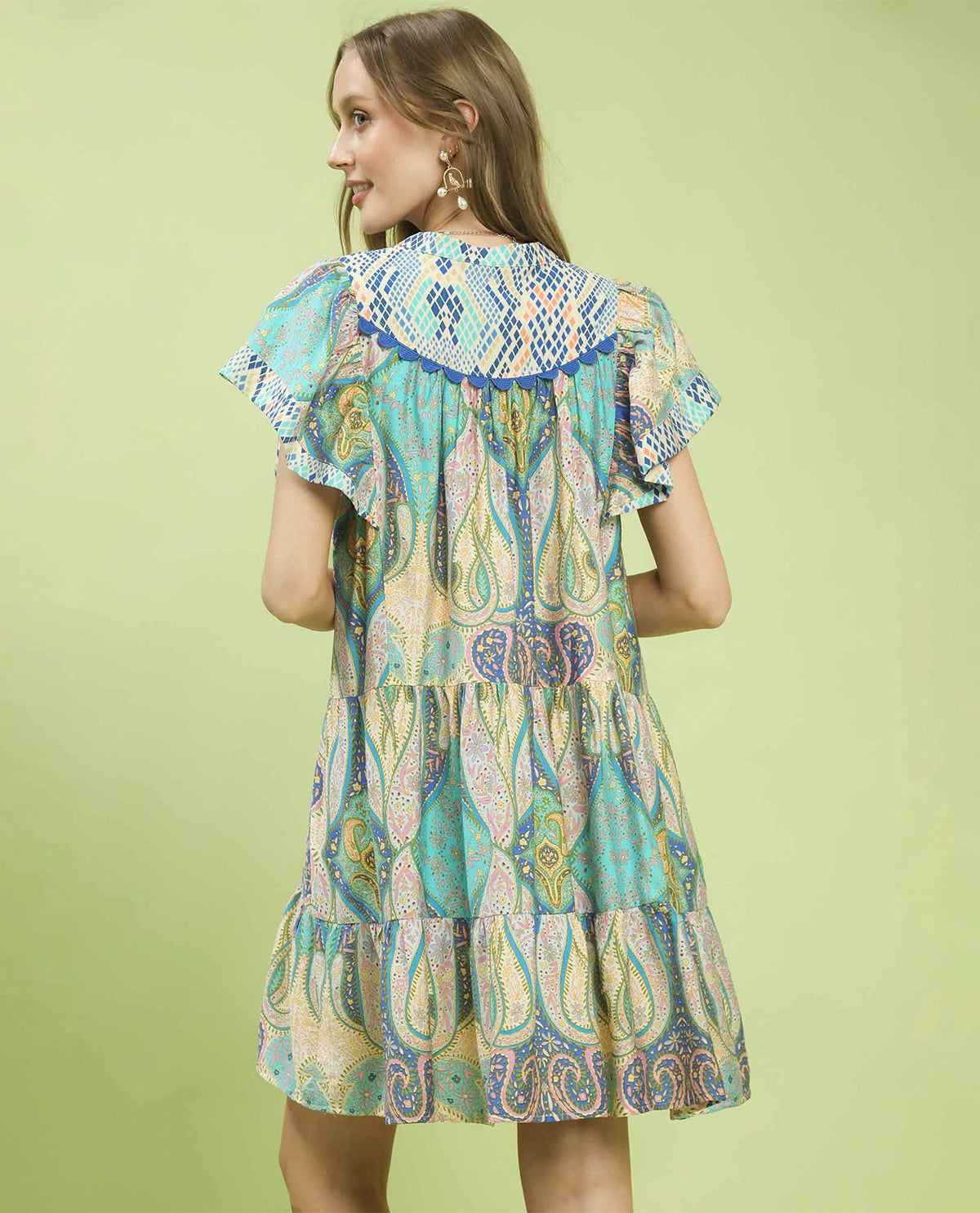 Umgee V-Neck Print Dress With Scallop Hem Blue Mix