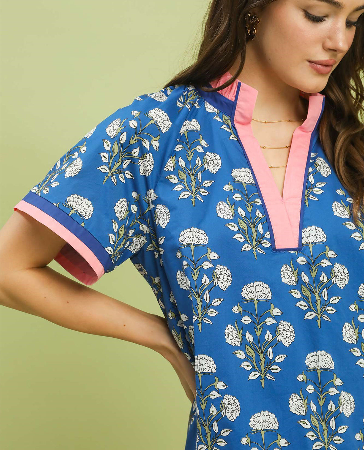 Umgee Print V-Neck Ruffle Collar Dress Ocean