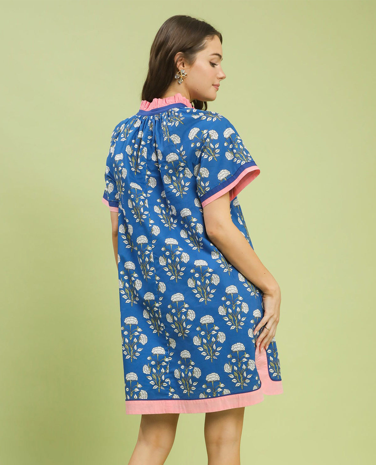Umgee Print V-Neck Ruffle Collar Dress Ocean
