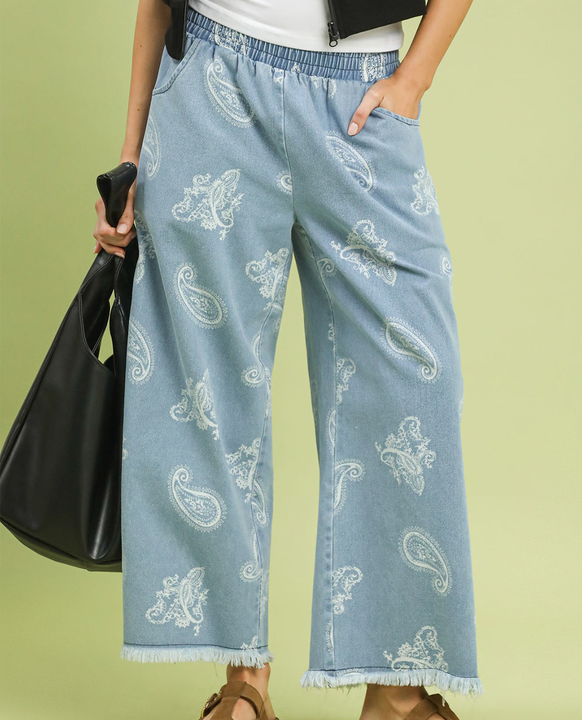 Umgee Wide Leg Pant Print Denim