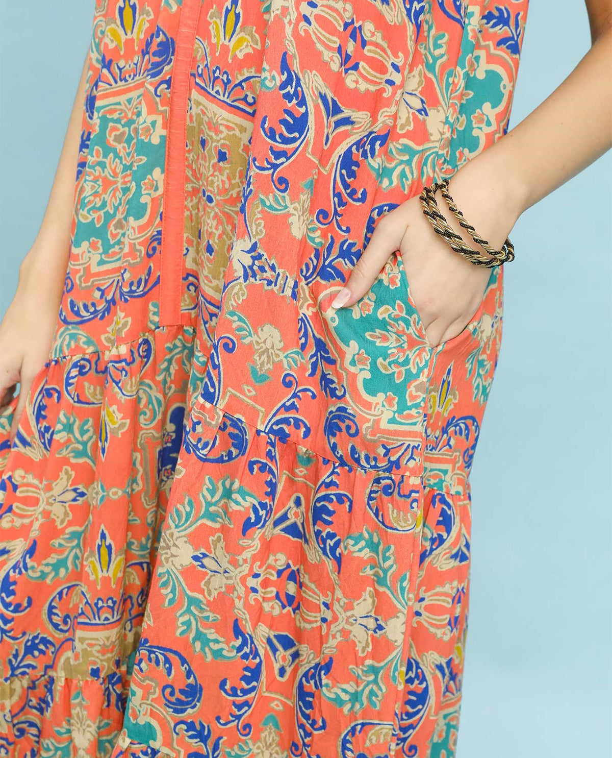Umgee Border Print Tiered Dress