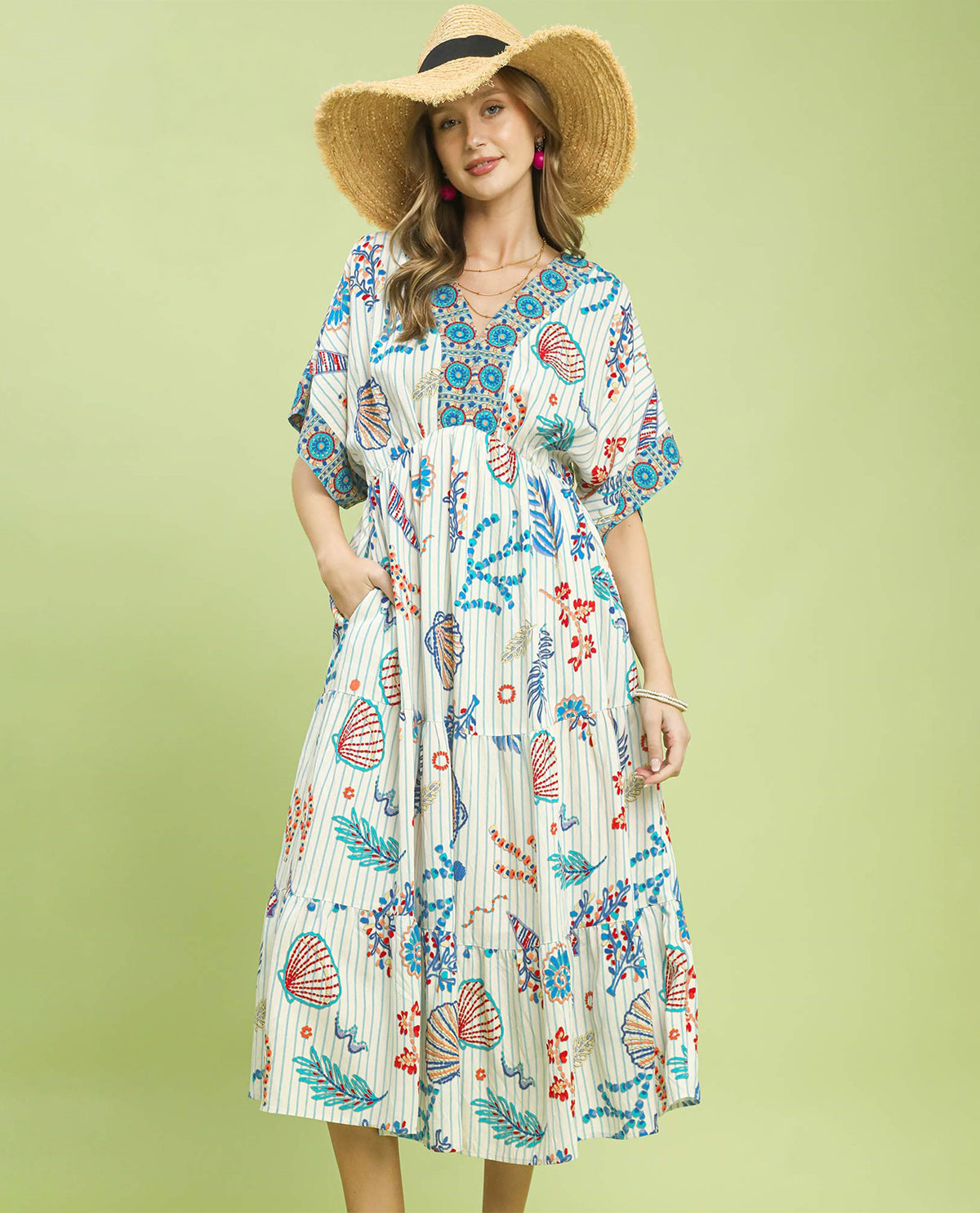 Umgee Print Dolman Dress Ocean Mix