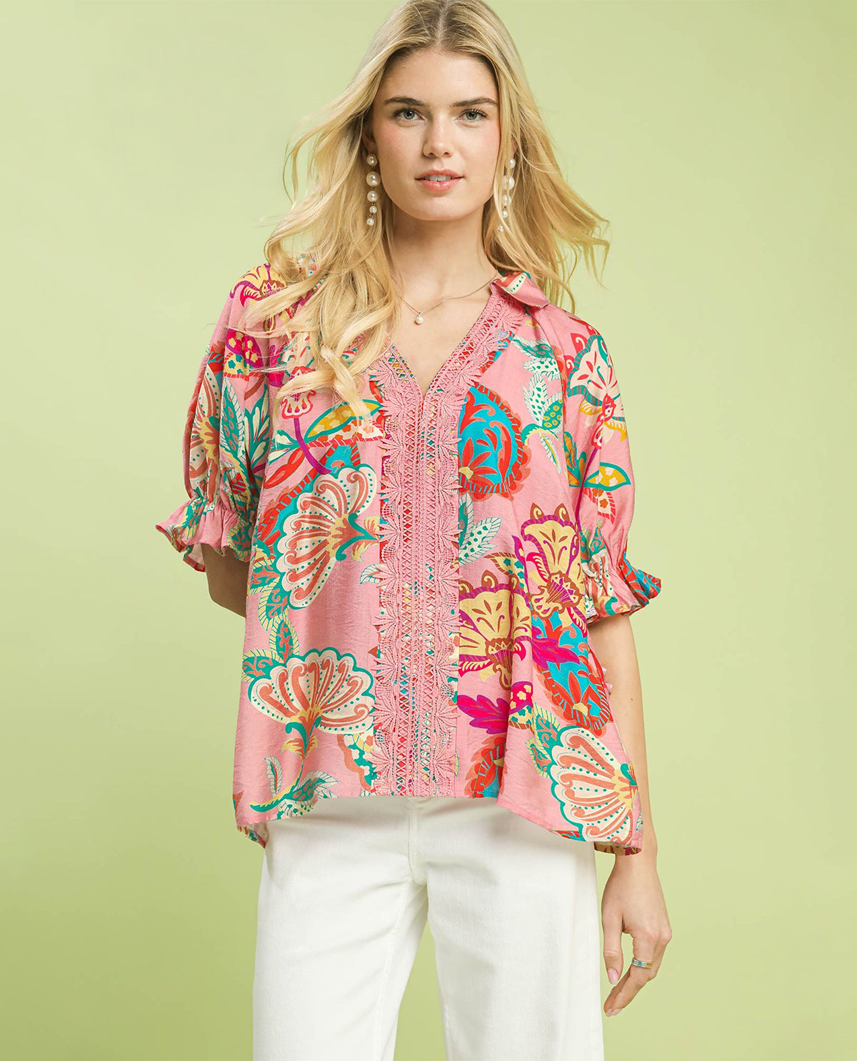 Umgee Paisley Print Top With Lace Pink
