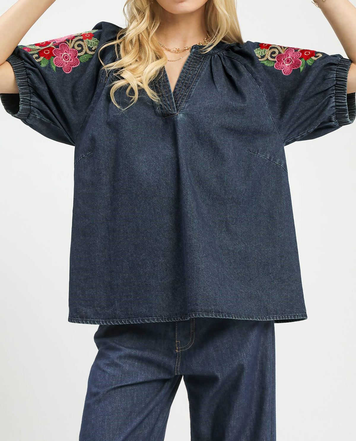 Umgee Denim Embroidered Top
