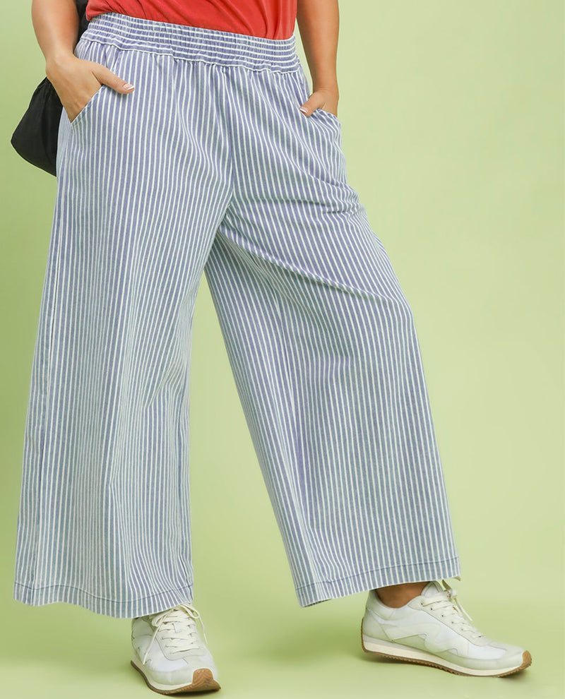Umgee Stripe Wide Leg Pant Lt Denim