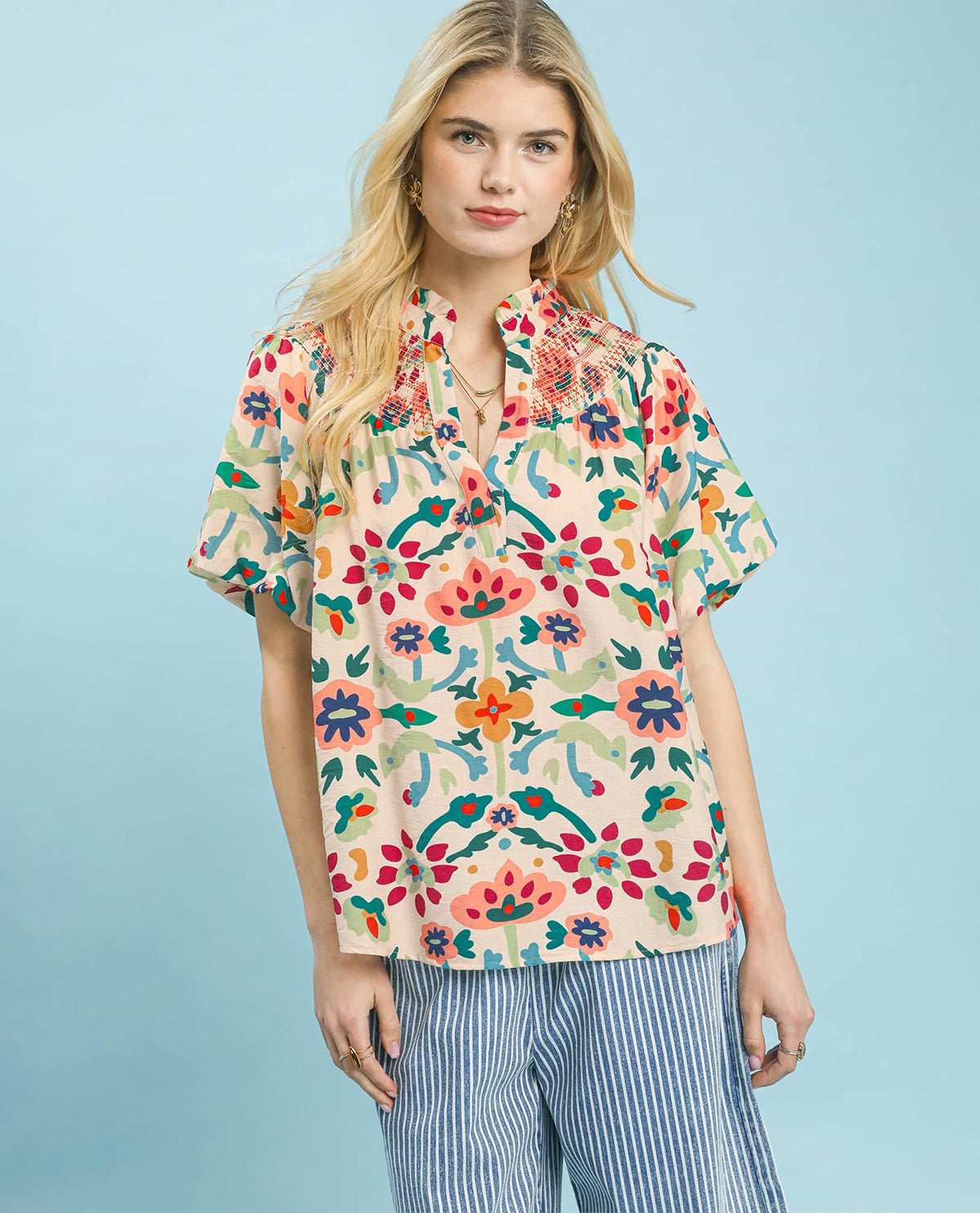 Umgee Print Smocked Top Ecru Mix