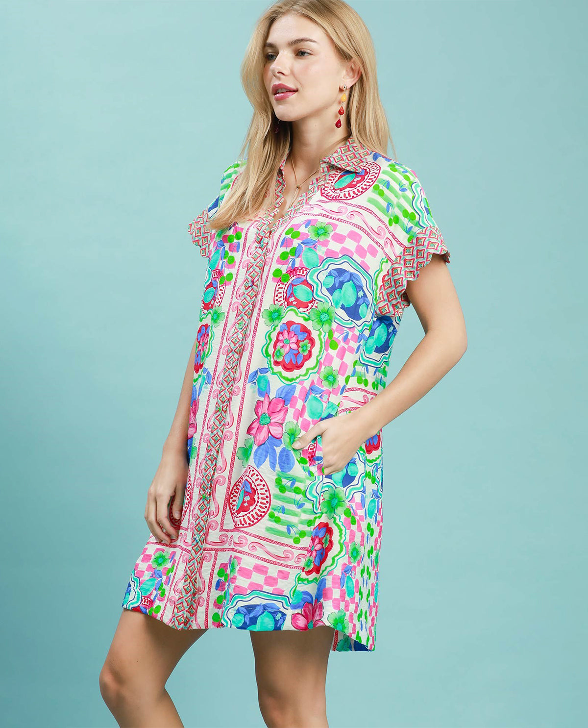 Umgee Dolman Sleeve Button Down Dress Pink