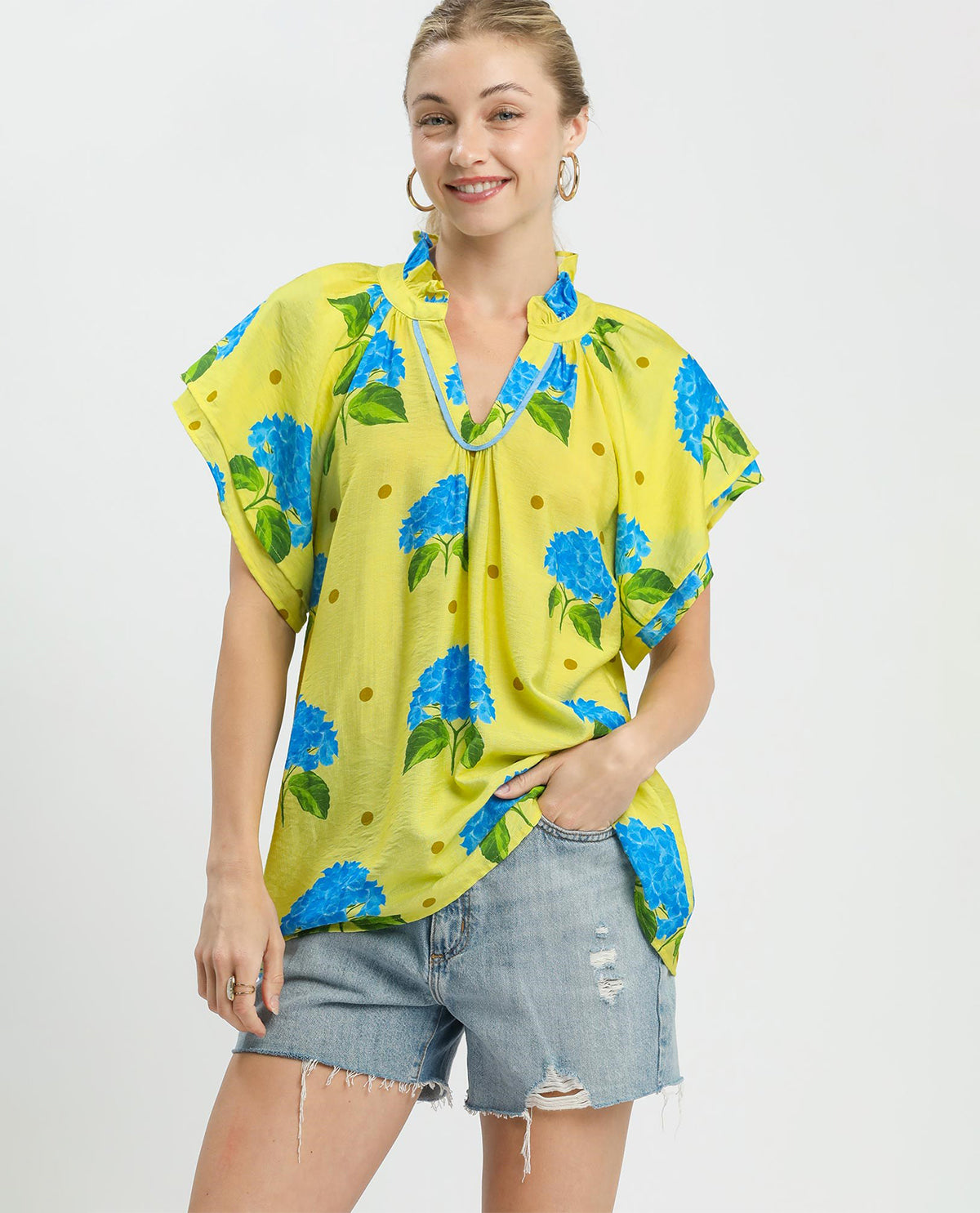 Umgee V-Neck Frilled Collar Top Lemon