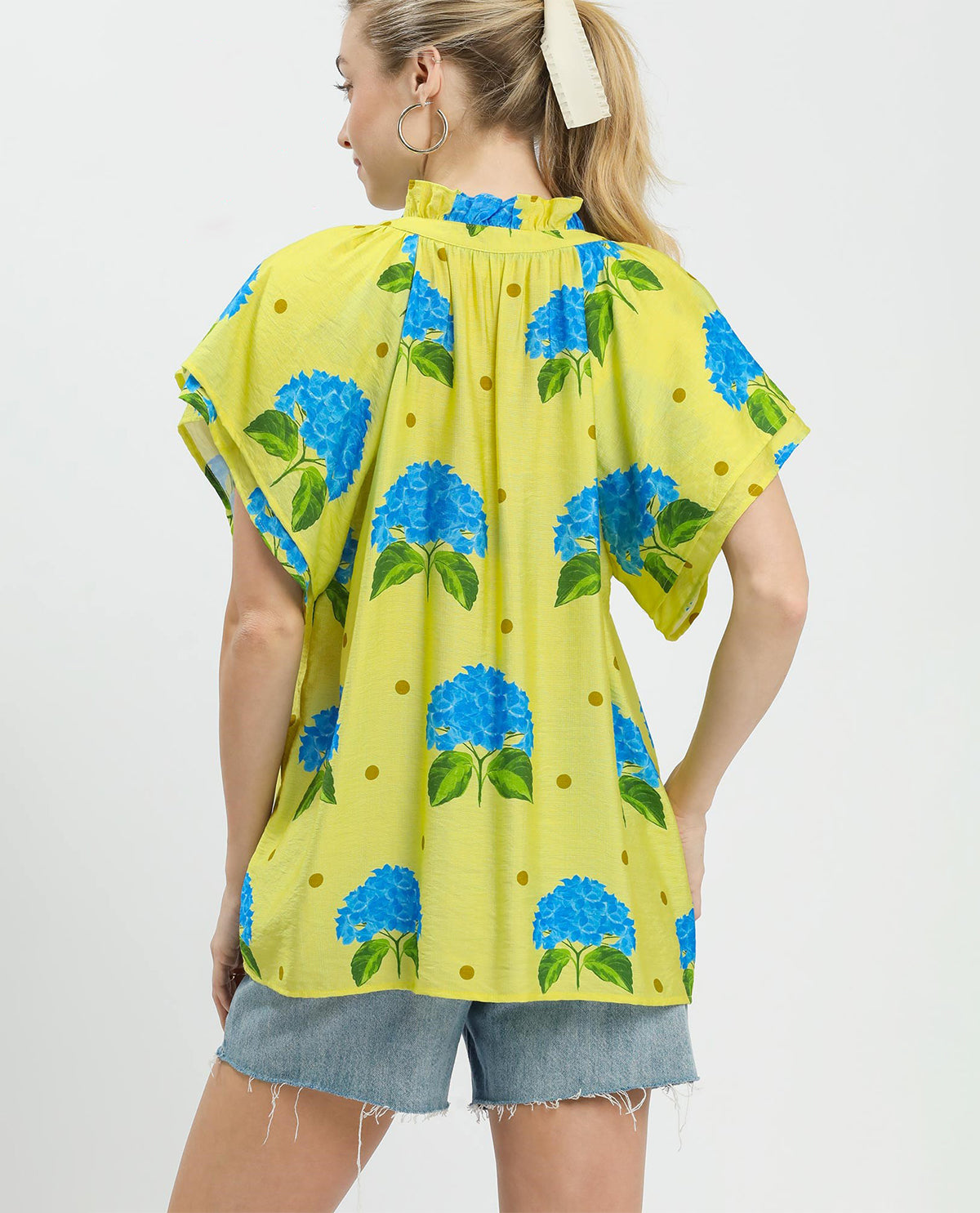 Umgee V-Neck Frilled Collar Top Lemon