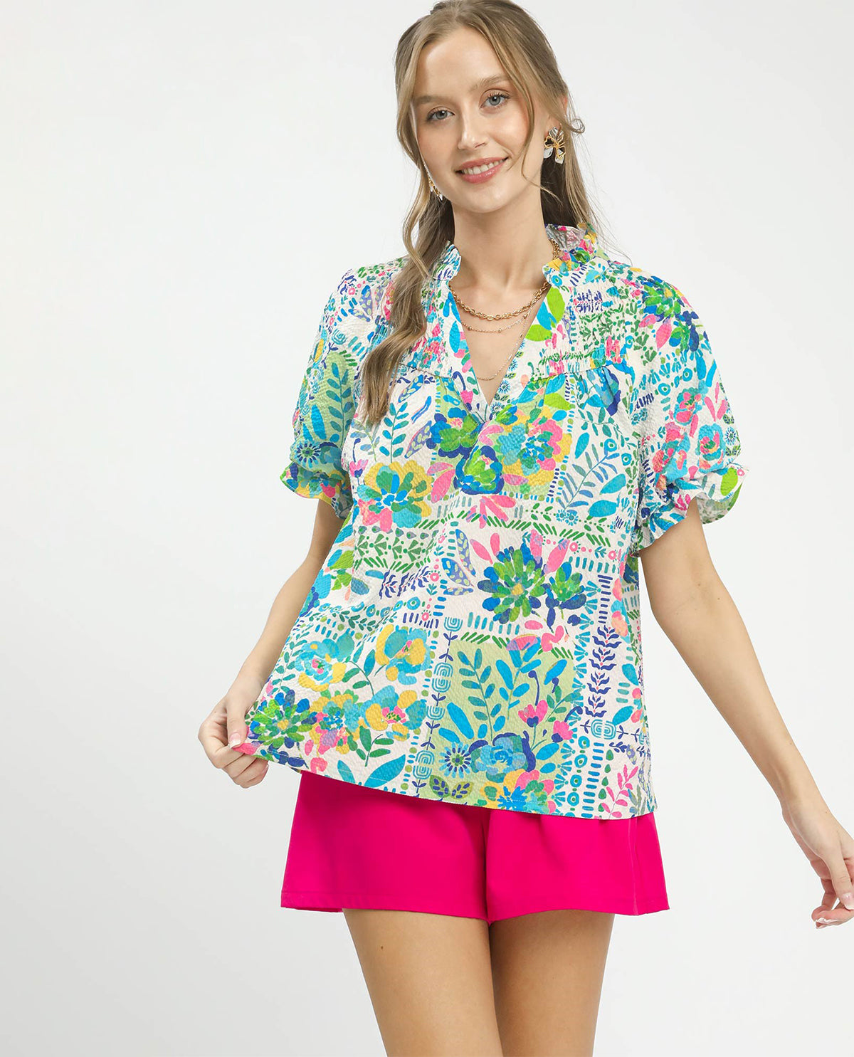 Umgee V-Neck Print Smock Top Green