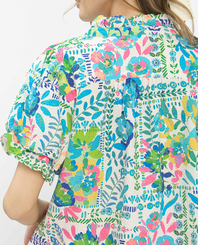 Umgee V-Neck Print Smock Top Green