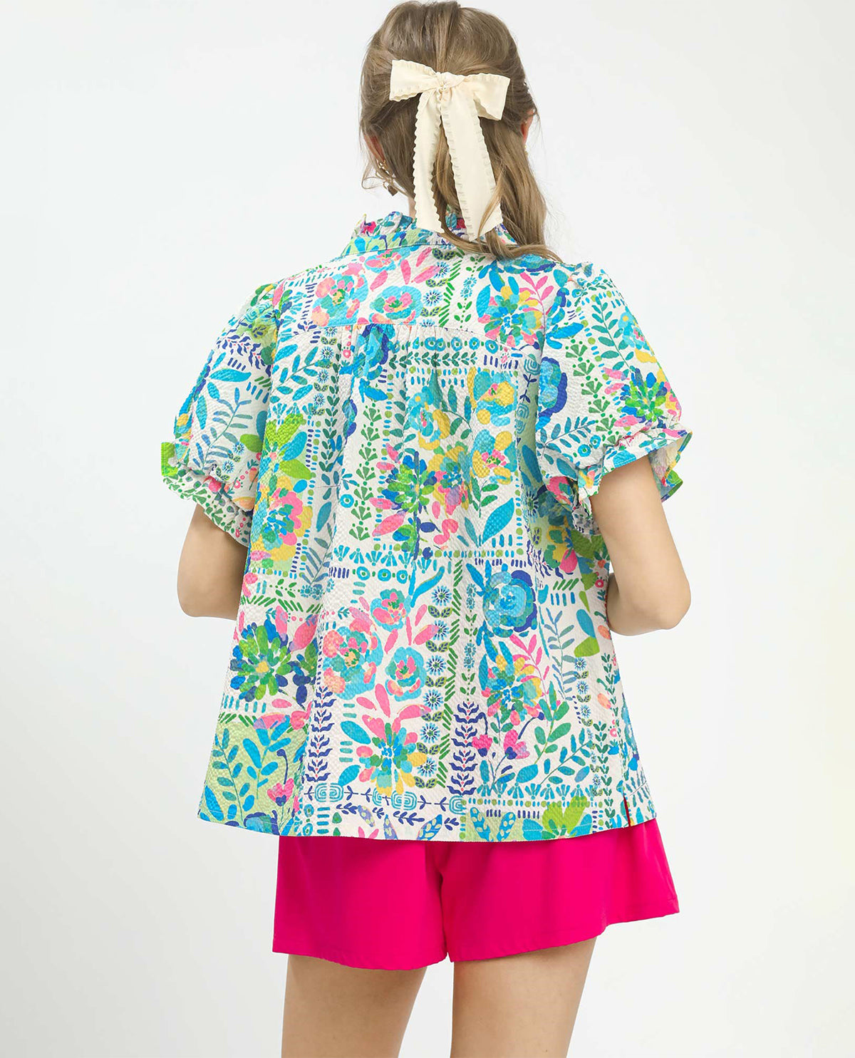 Umgee V-Neck Print Smock Top Green