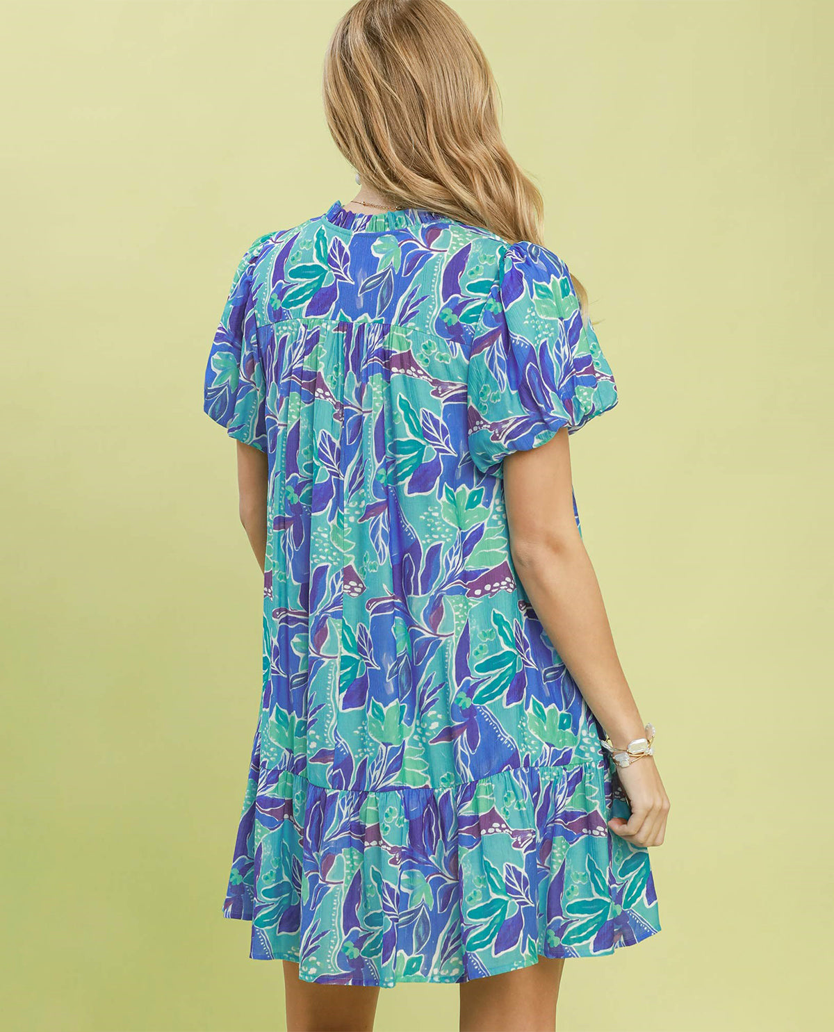 Umgee Abstract Print Ruffle Neck Dress Blue