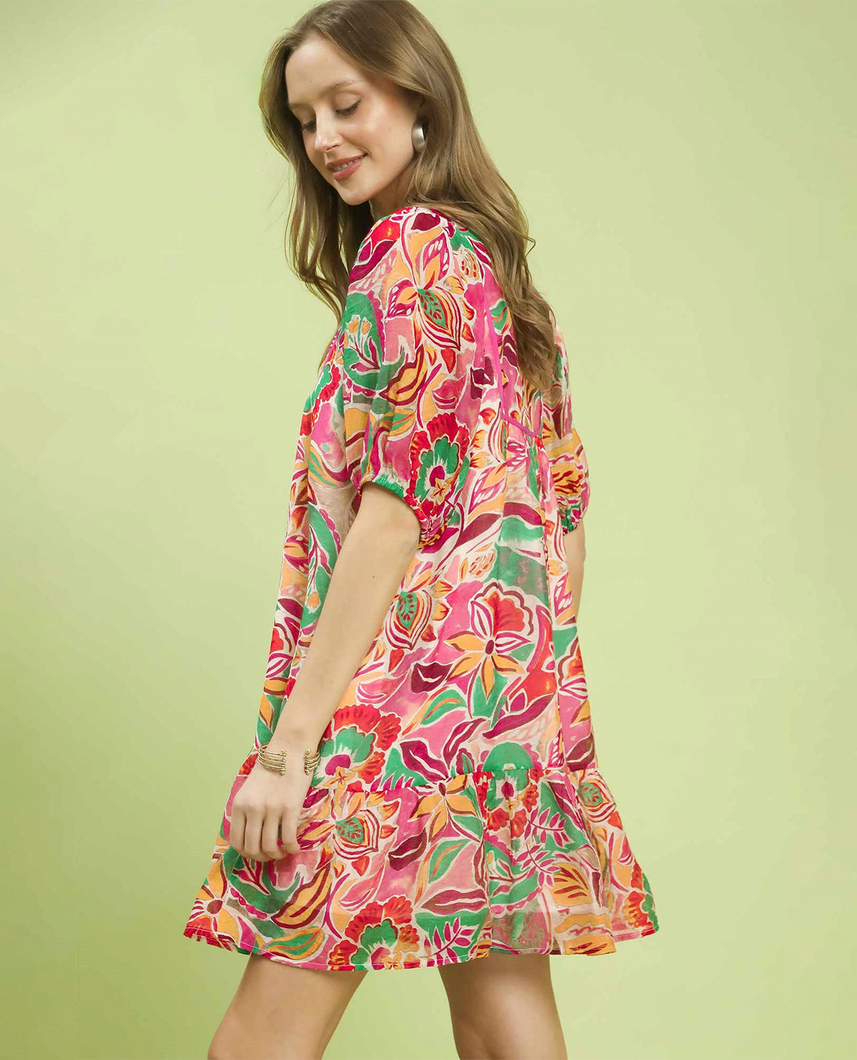 Umgee Print Ruffle Neck Dress Pink Mix