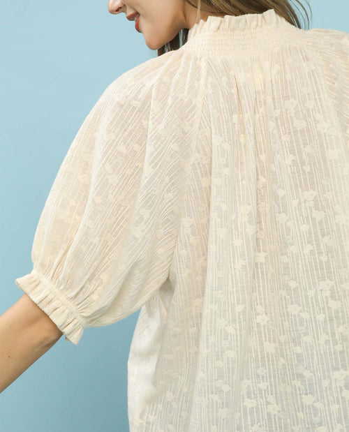Umgee Solid V-Neck Top With Smock Collar Cream