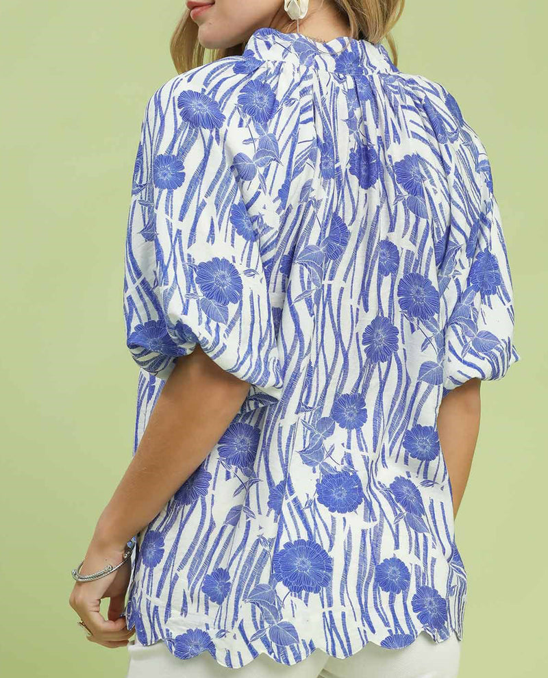 Umgee Bubble Slevee V-Neck With Scallop Hem Blue