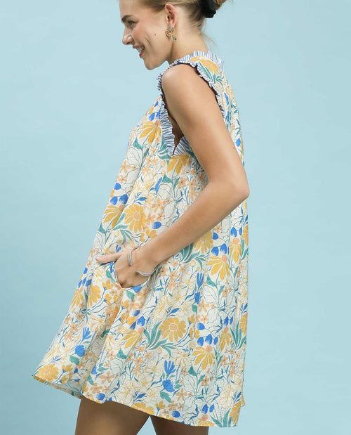 Umgee Floral Print Ruffle Neck Dress Blue Mix