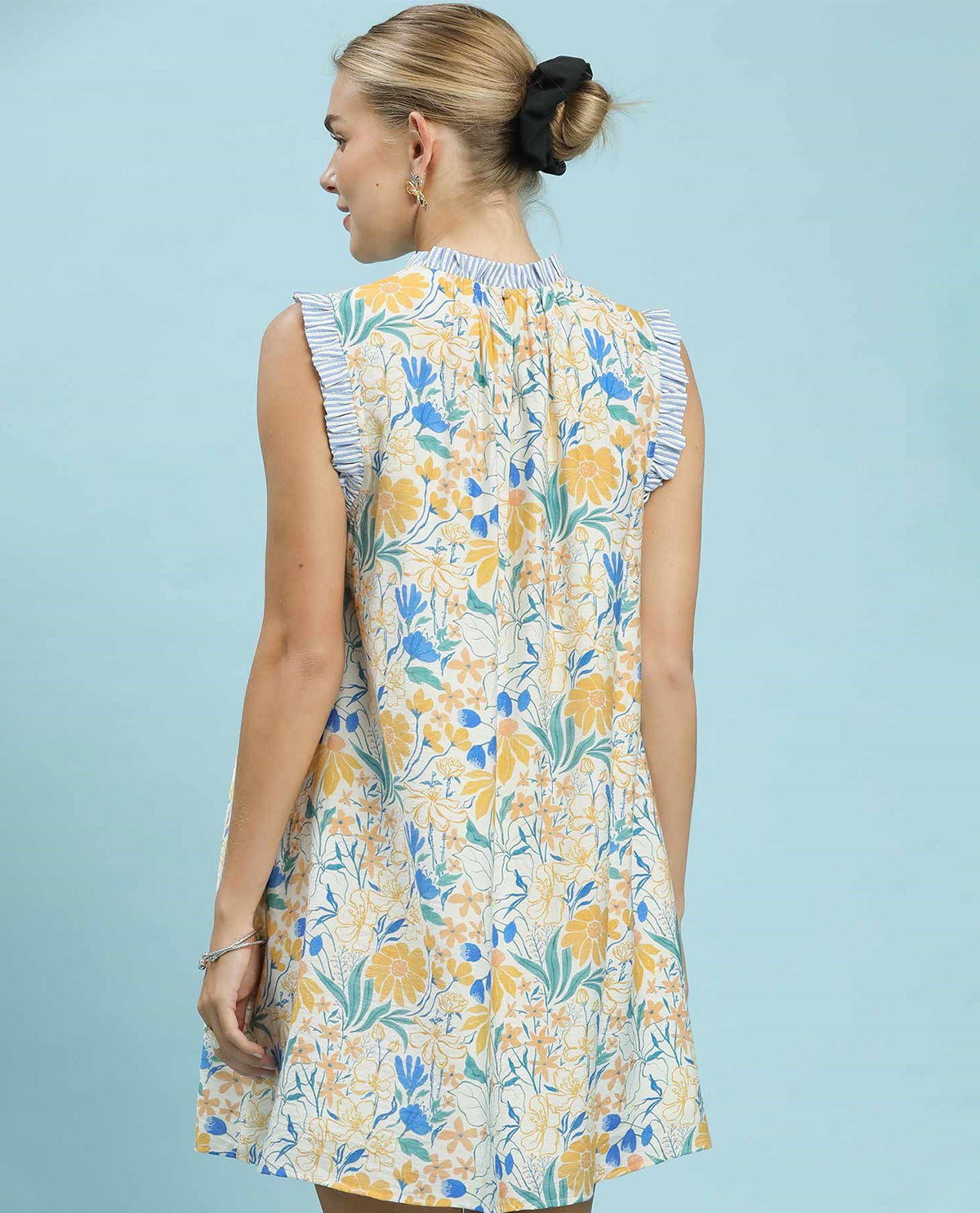 Umgee Floral Print Ruffle Neck Dress Blue Mix