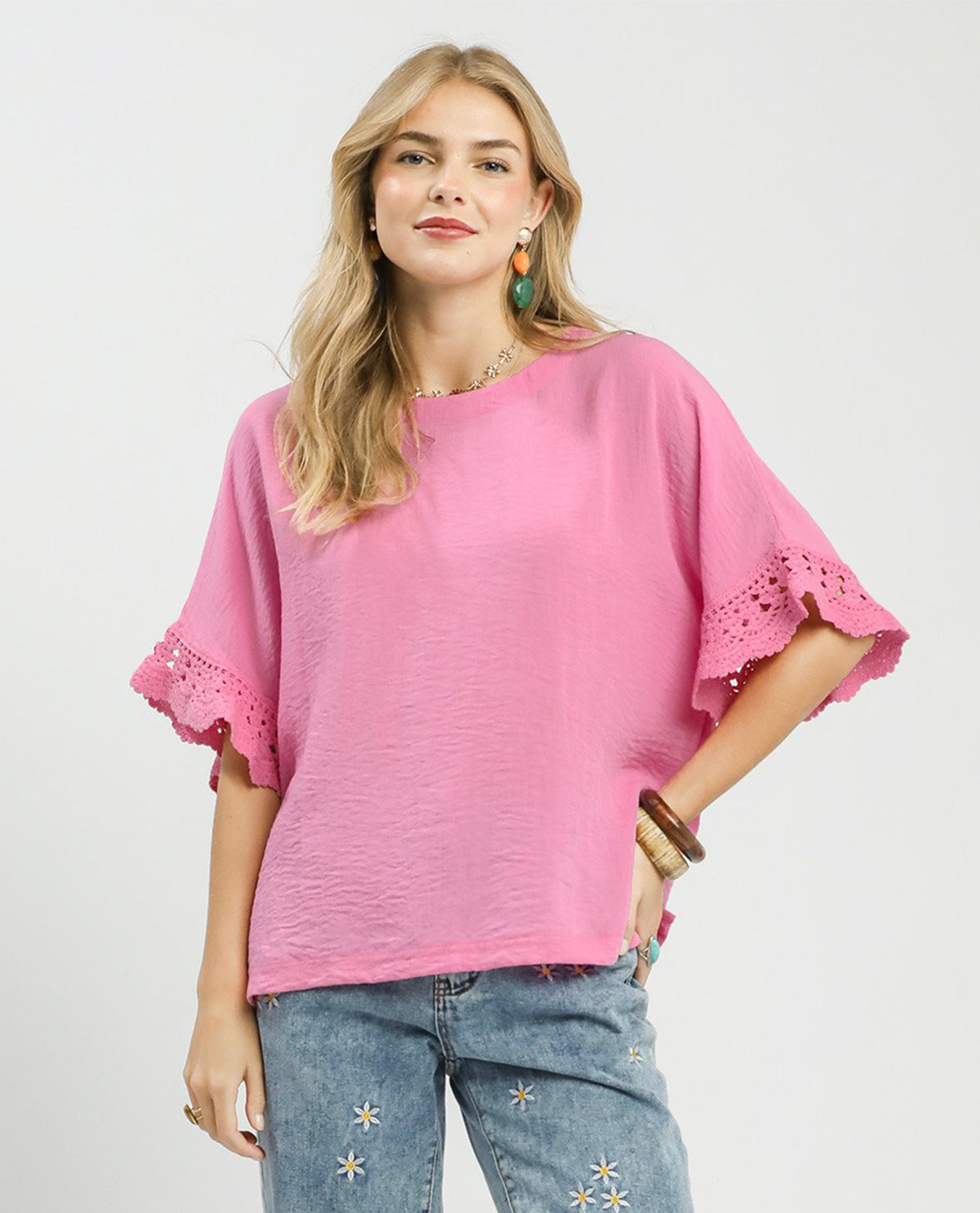 Umgee Solid Crochet Knit Top Peony
