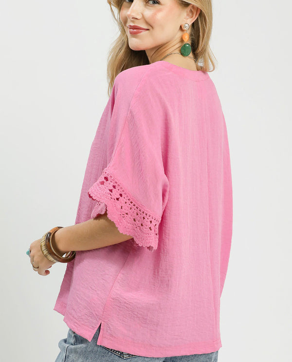 Umgee Solid Crochet Knit Top Peony
