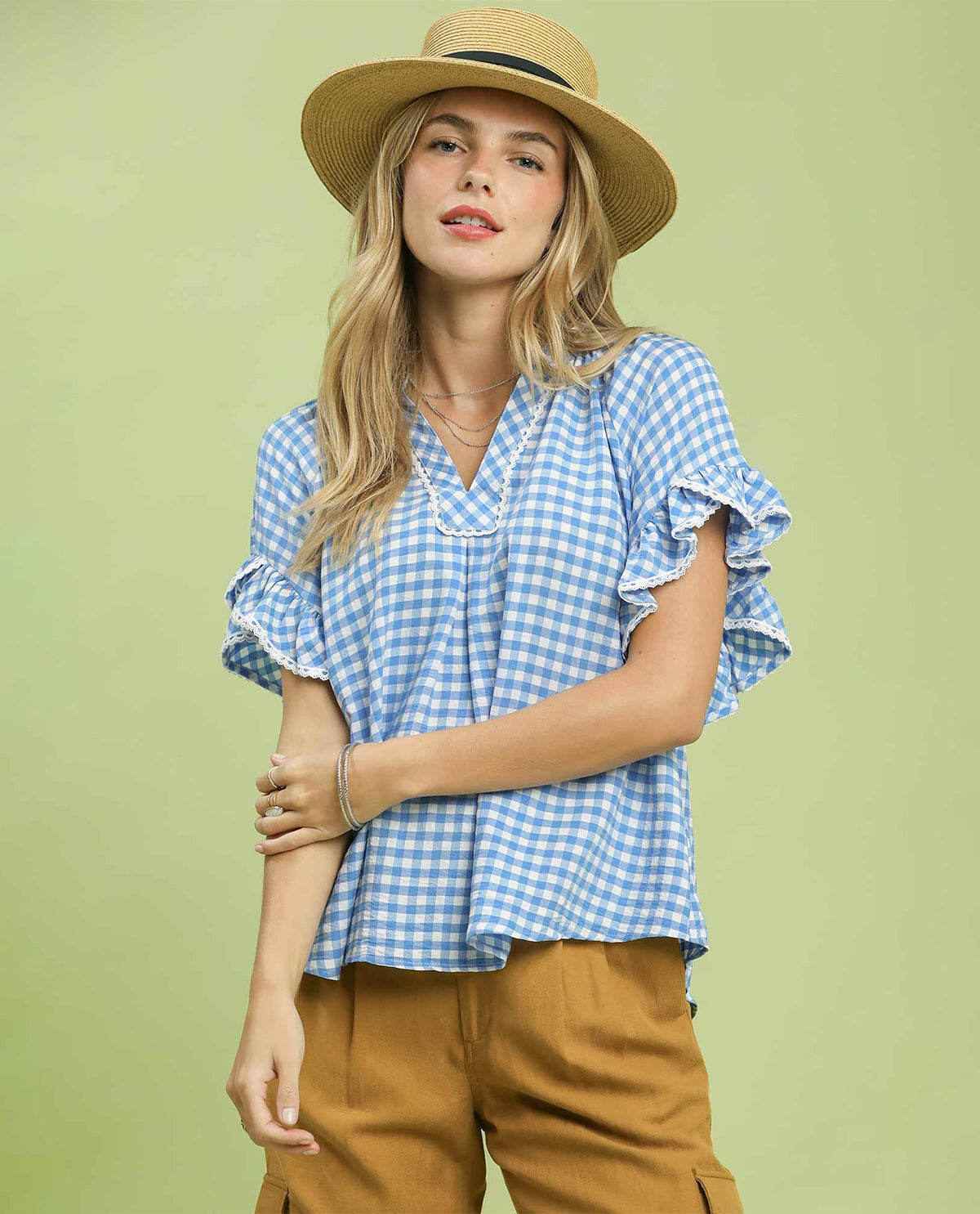 Umgee Gingham Mandarin Collar Top