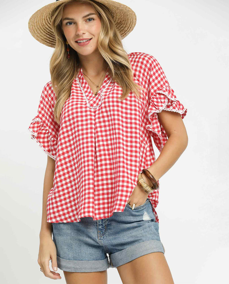 Umgee Gingham Mandarin Collar Top