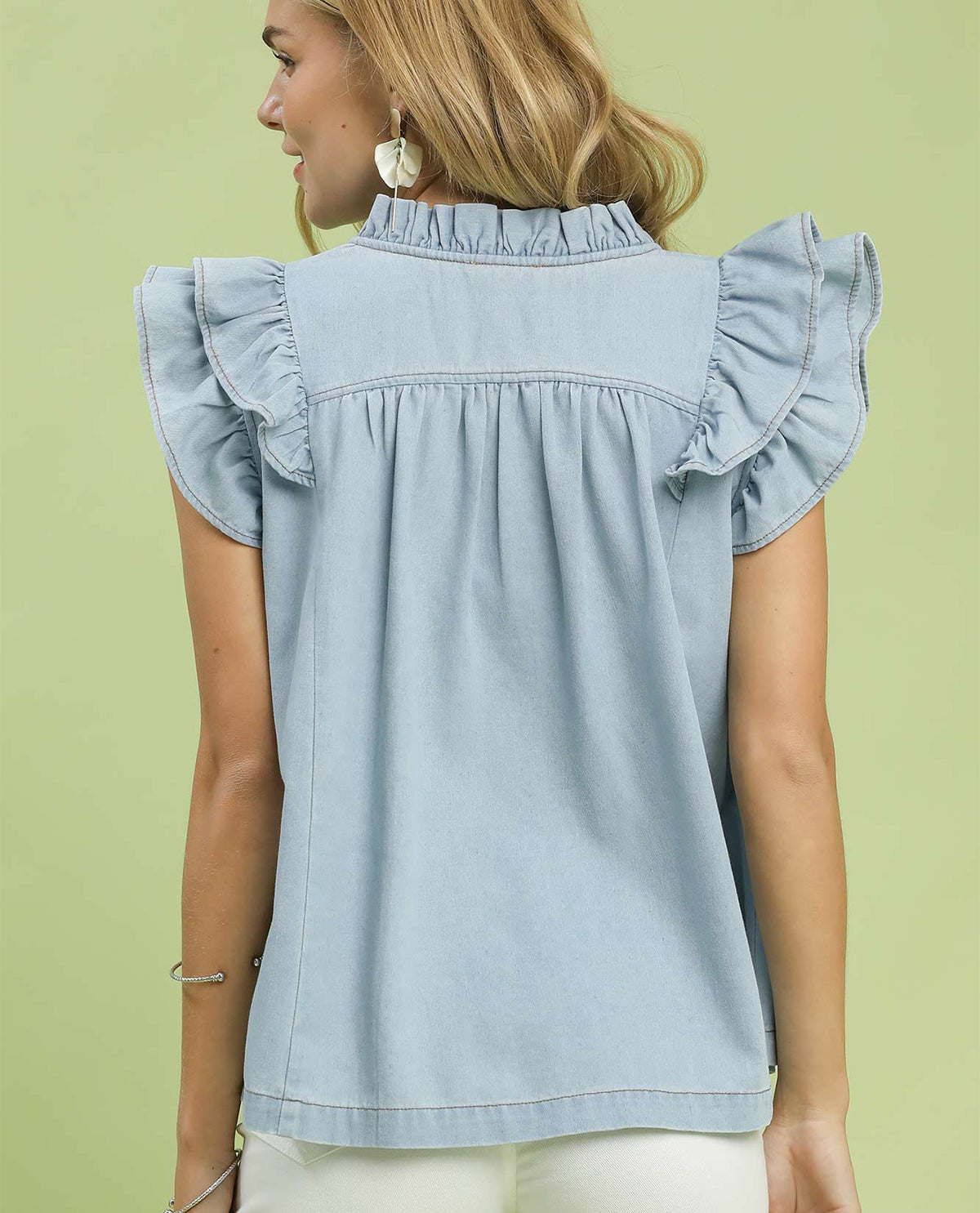 Umgee V-Neck With Ruffle Sleeve Chambray Top Lt Denim