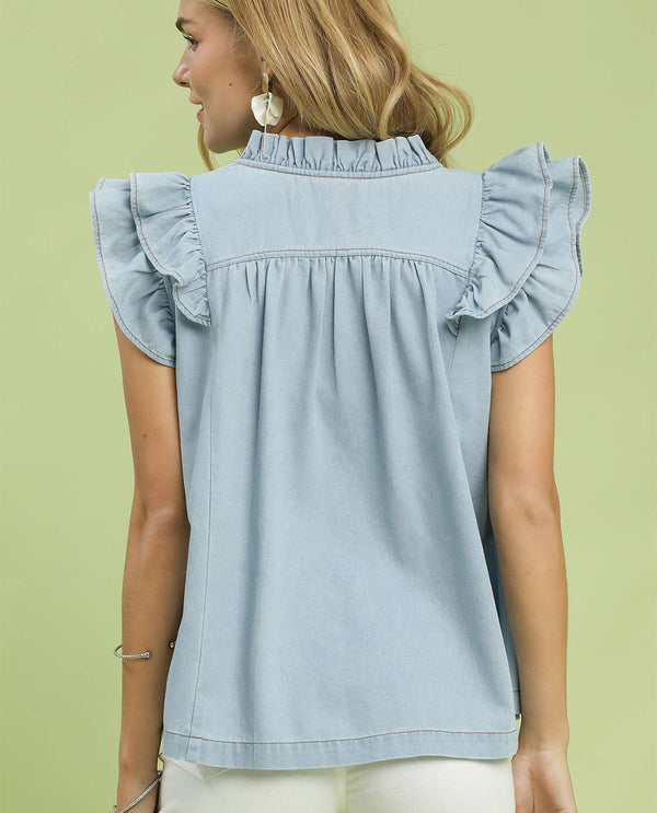 Umgee V-Neck With Ruffle Sleeve Chambray Top Lt Denim
