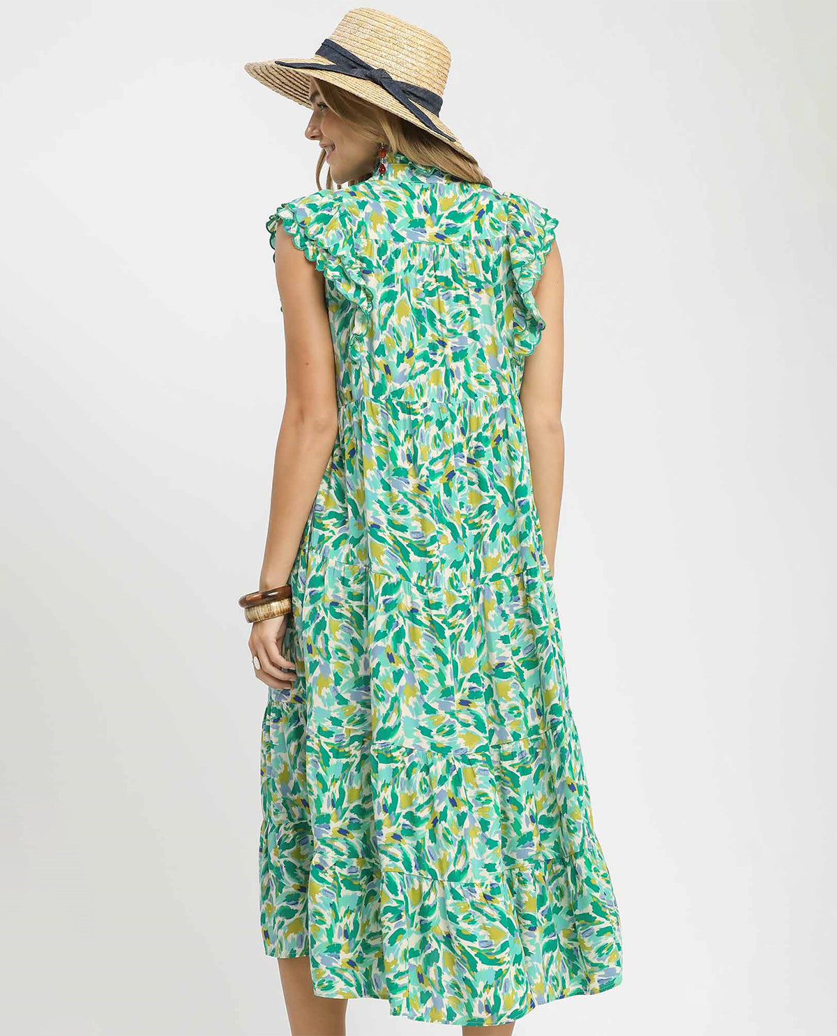 Umgee Ruffle Sleeve V-Neck Print Tiered Dress Green