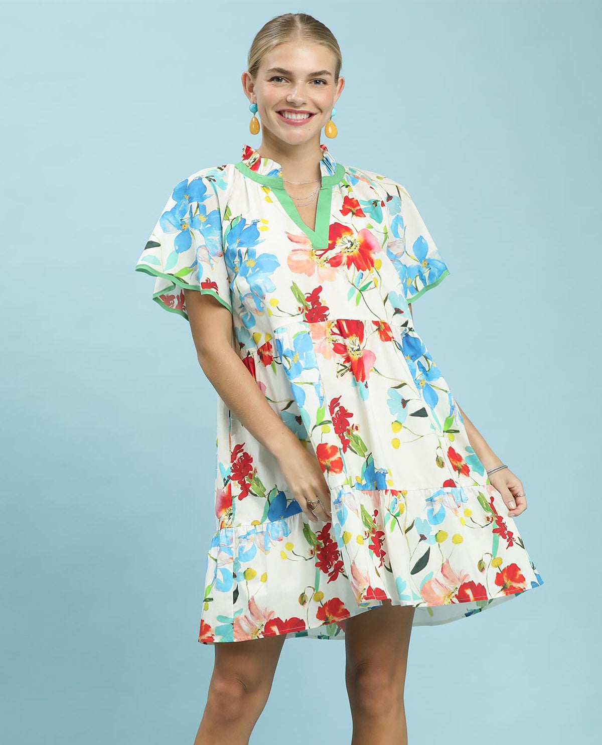 Umgee Print Tiered Dress With Solid Trim Cream