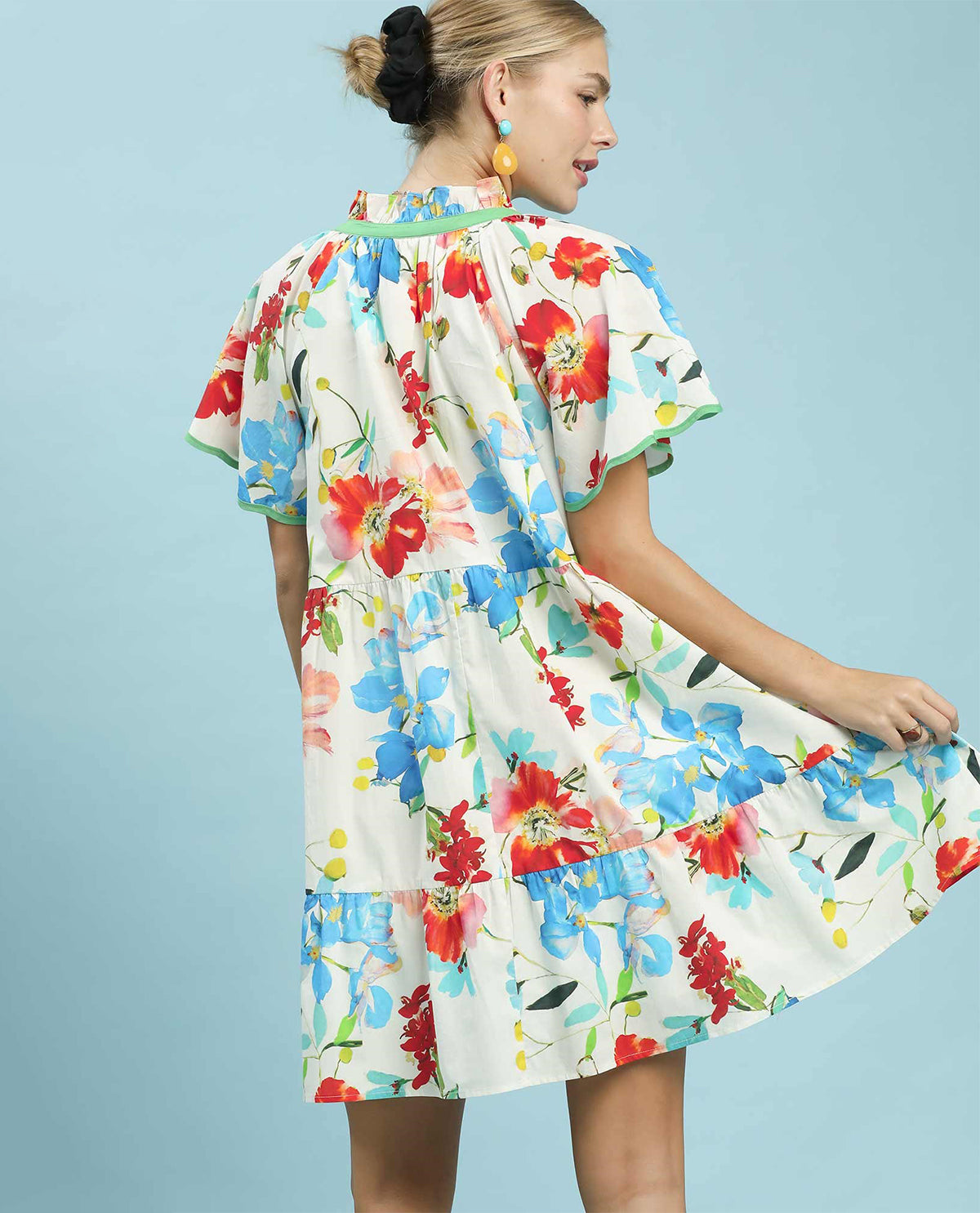 Umgee Print Tiered Dress With Solid Trim Cream