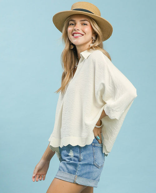 Umgee Solid V-Neck Collar Top Cream