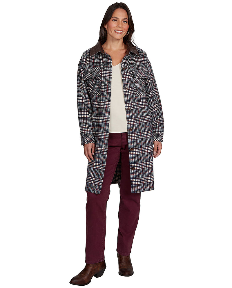 Woman wearing a plaid coat, white shirt, and burgundy pants on a white background