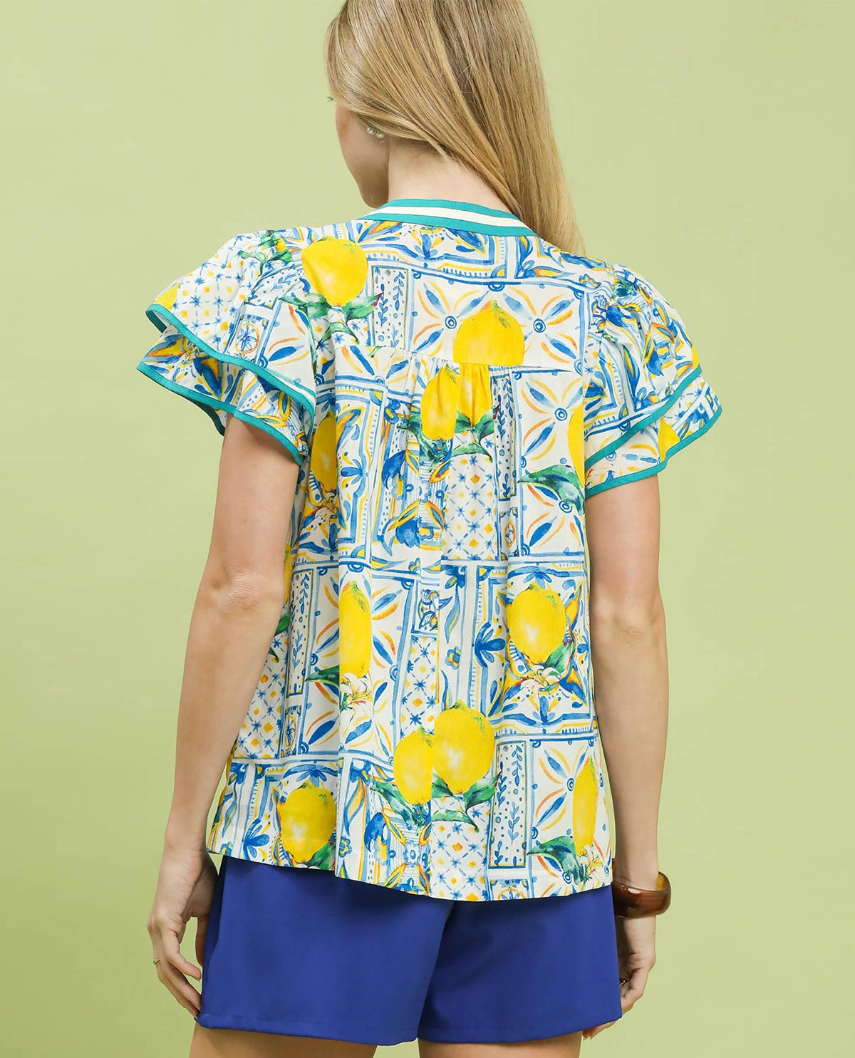 Umgee Abstract Print V-Neck Notched Top Blue