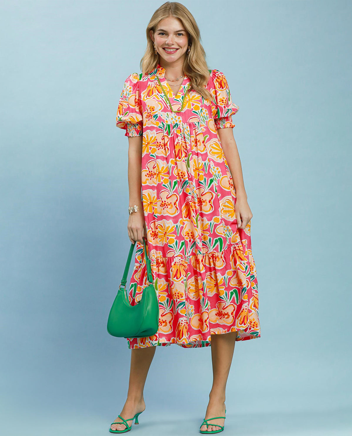 Umgee Floral Print Ruffle Neck Dress With Lace Pink