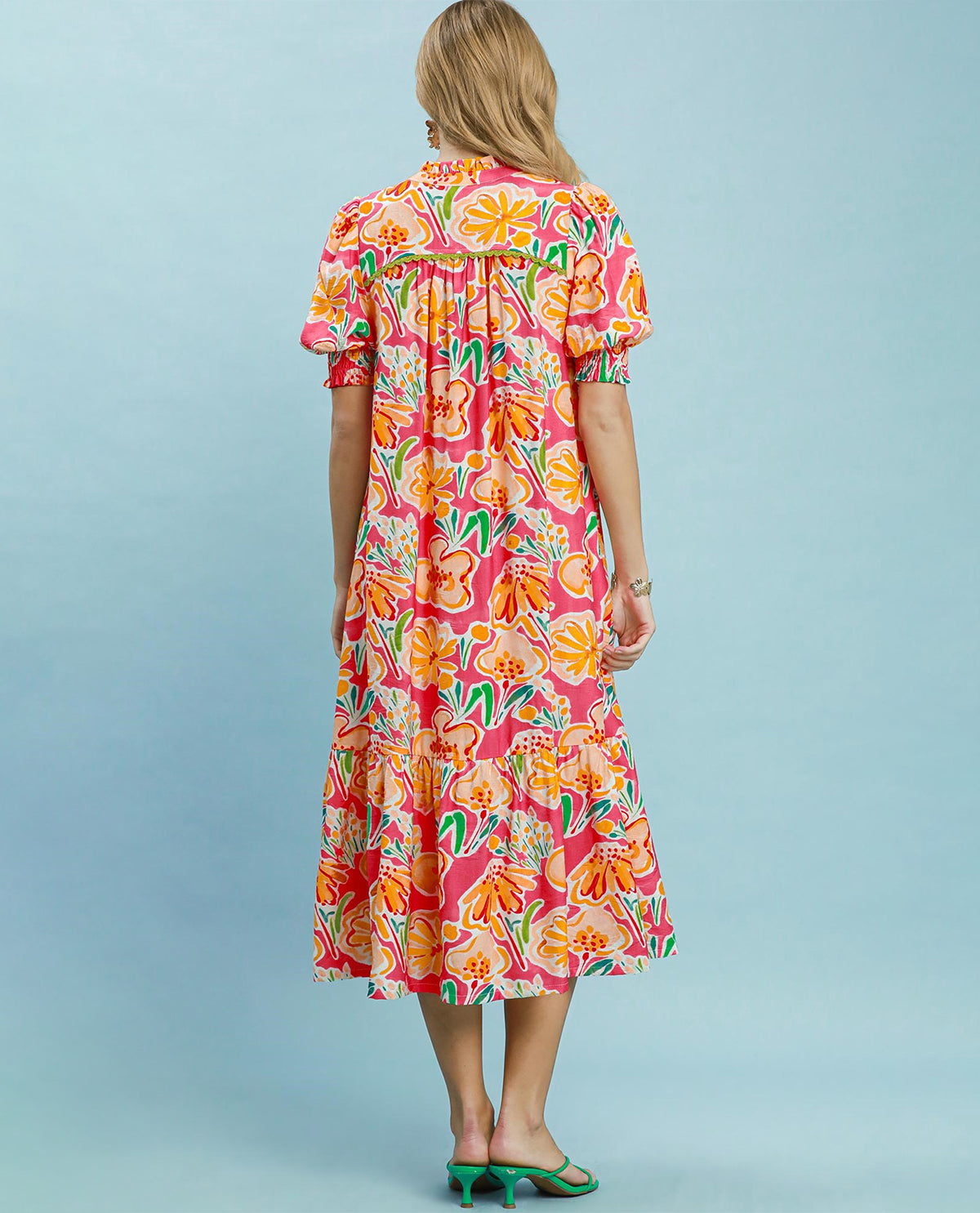 Umgee Floral Print Ruffle Neck Dress With Lace Pink