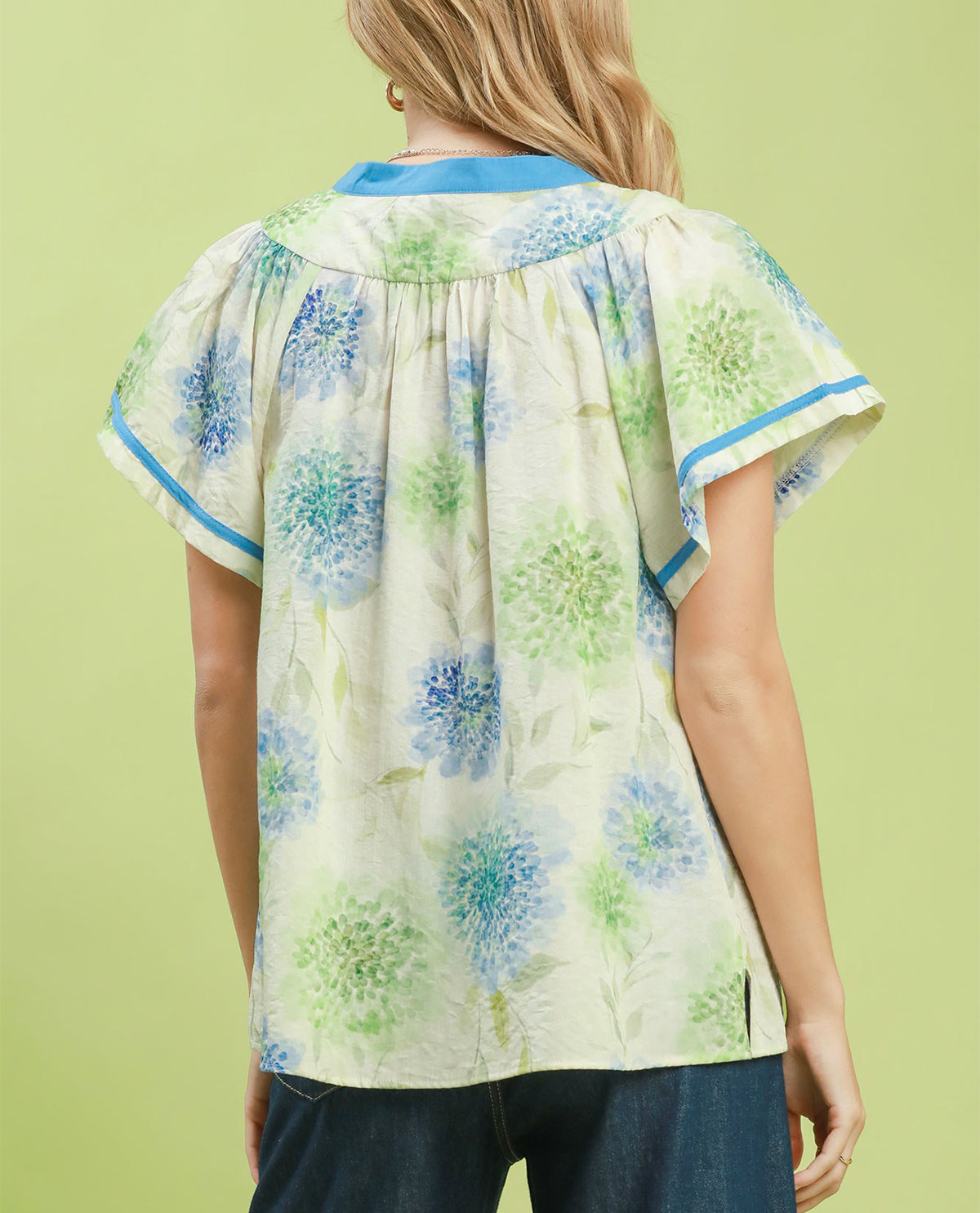Umgee Mandarin Collar V-Neck Top With Contrast Trim Blue Mix