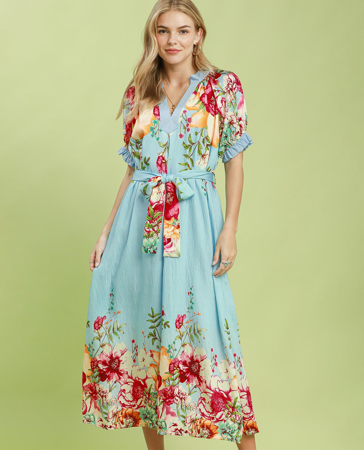Umgee Mandarin Collar V-Neck Dress Blue