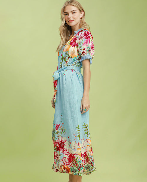 Umgee Mandarin Collar V-Neck Dress Blue