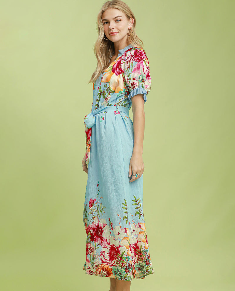 Umgee Mandarin Collar V-Neck Dress Blue