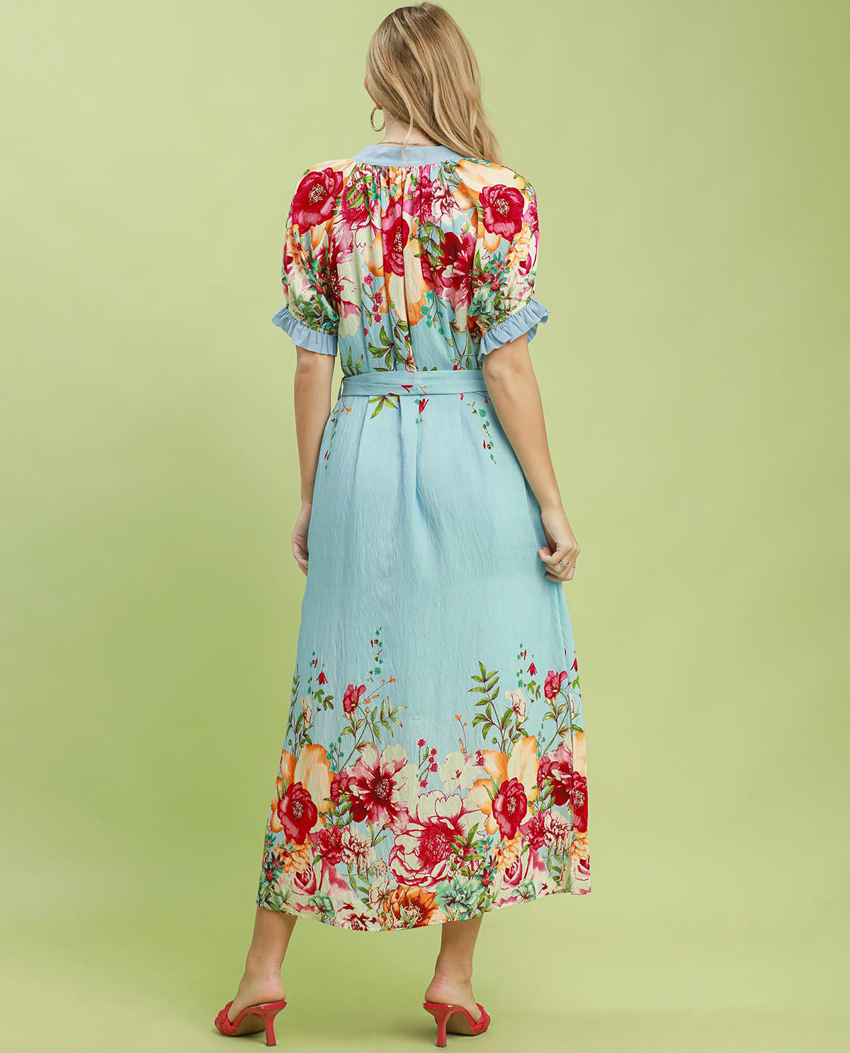 Umgee Mandarin Collar V-Neck Dress Blue