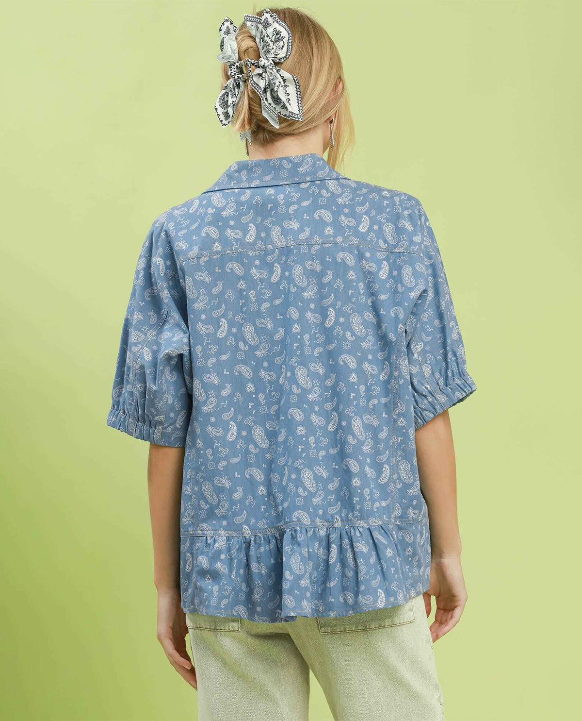 Umgee Chambray Ruffle Trim Top Lt Denim