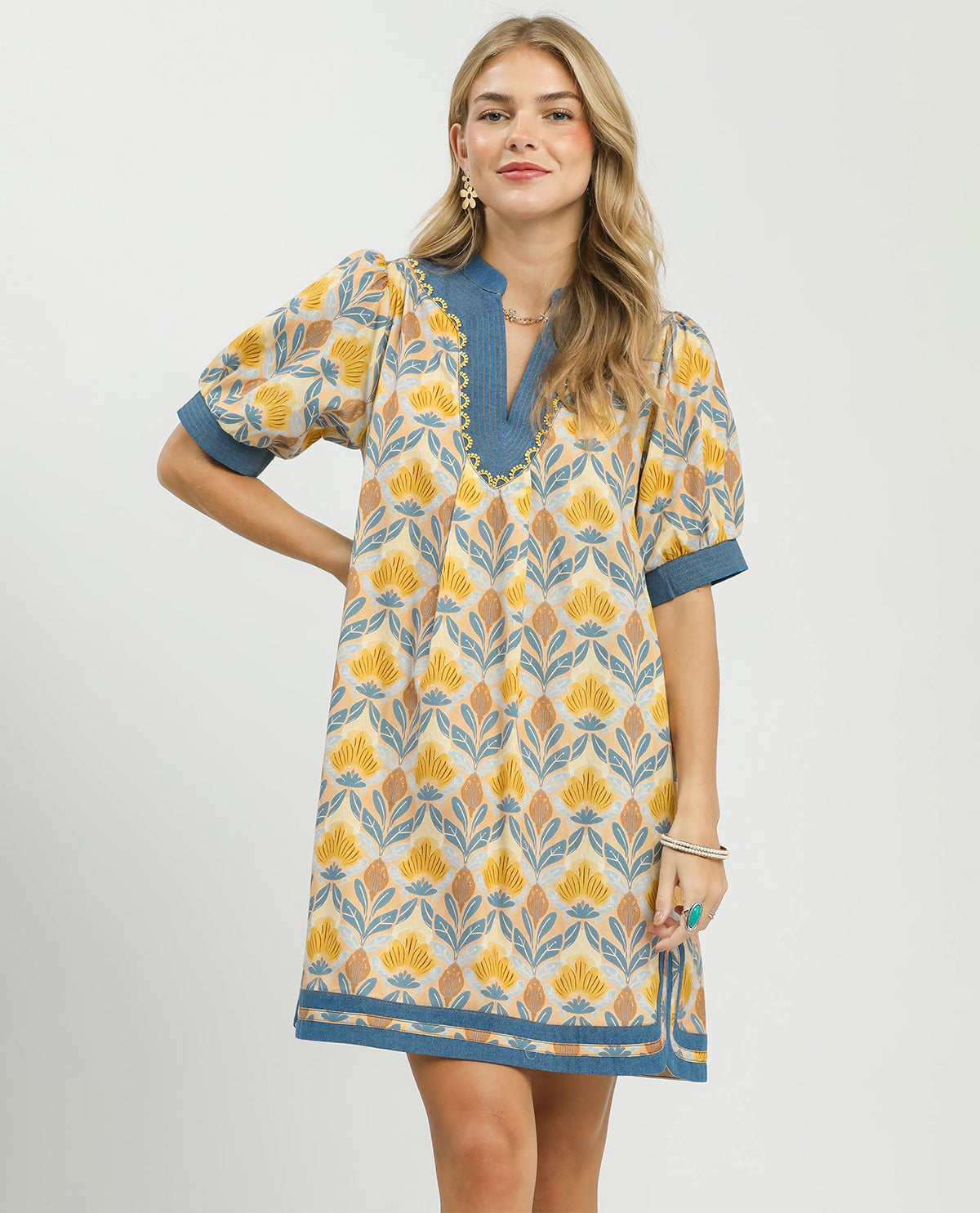 Umgee V-Neck Shift Dress With Denim Trim