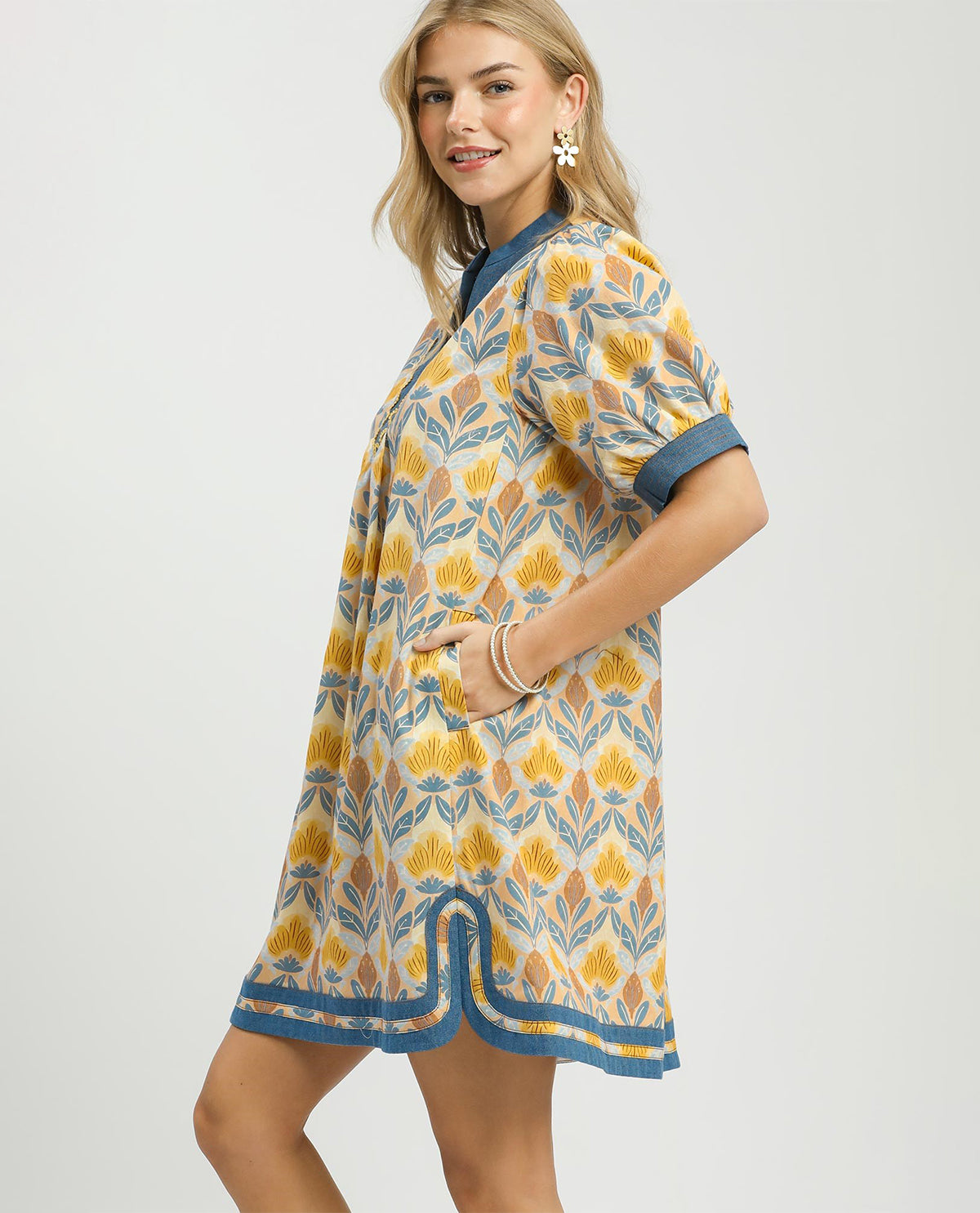 Umgee V-Neck Shift Dress With Denim Trim