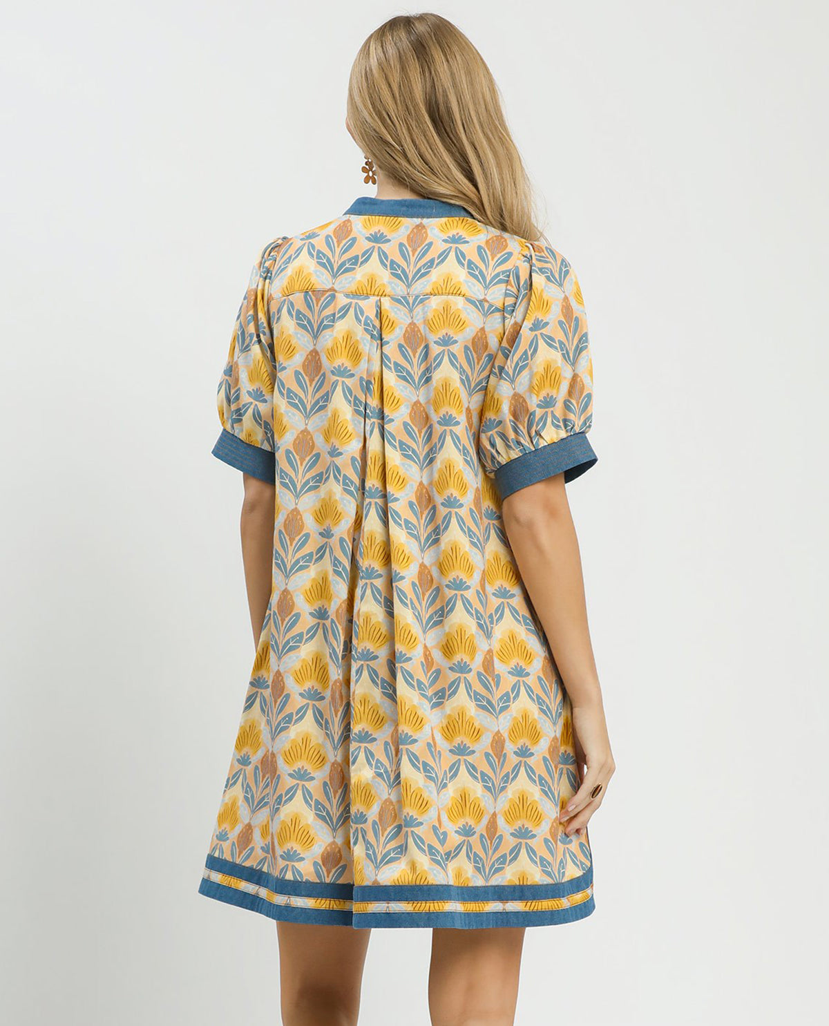 Umgee Vneck Shift Dress with Denim Trim Blue Mix / Lge